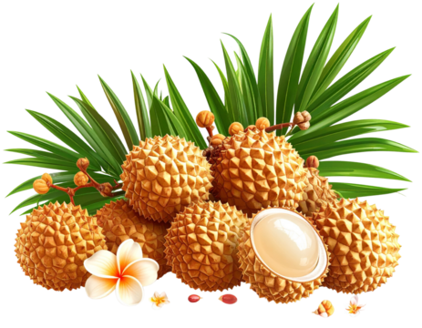 Reife Longanfrüchte mit Tropischen Blättern und Sommer-Dekor