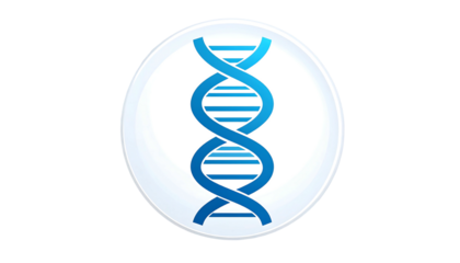 A stylized blue double helix DNA strand within a glossy, circular white button