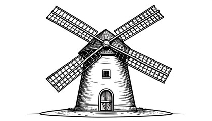 Classic windmill illustration, detailed sketch