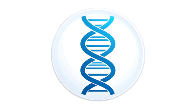 A stylized blue double helix DNA strand within a glossy, circular white button - Powered by Adobe