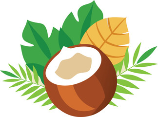 Tropical coconut bouquet with cracked halves and green tropical leaves vector illustration