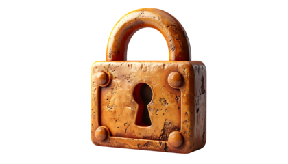 A weathered, gold-toned padlock, seemingly made of stone or metal, with visible texture and wear, sits against a black background.  It features a keyhole and four rivets