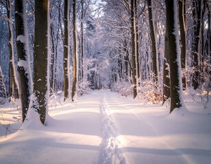Snowy forest path at dawn