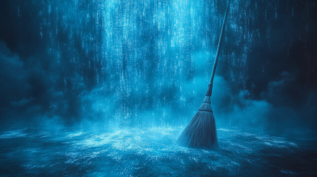 Blue Digital Data Cleansing Concept with a Broom, Generative AI