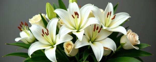 Obraz premium Elegant white lilies and roses in a funeral arrangement , solemn, arrangement, still life
