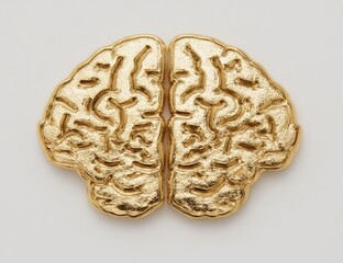 Two gold-colored brain halves, detailed and textured, sit on a plain white background