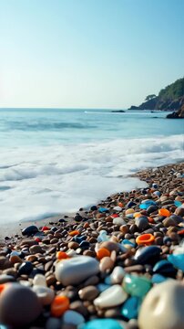 Pebbles and stones on the beach with waves crashing in the background