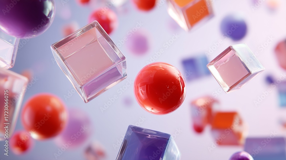 Poster 3d floating colored spheres and cubes with soft shadows. isolated futuristic abstract background. pa