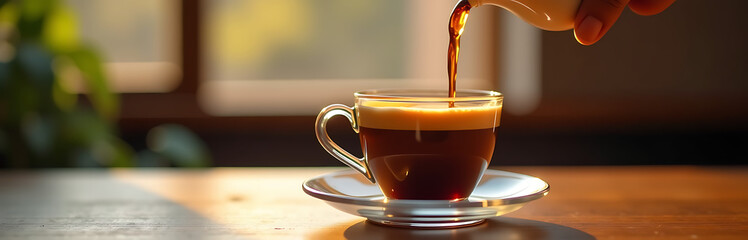 shot rich espresso cascading like molten lava delicate rimmed glass cup set blurred warm café background