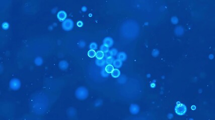 A serene abstract motion background featuring glowing blue circular particles and bokeh lights floating gently representing microscopic cells underwater bubbles or digital data flow. - Powered by Adobe