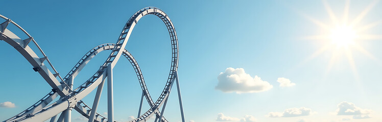 sleek silver roller coaster rises ground twisted track stretching bright blue horizon cloud sight bathed