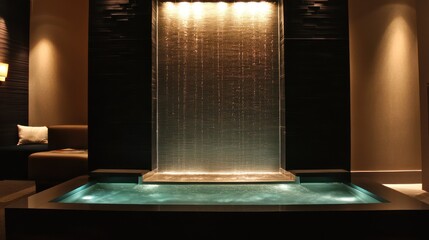 Modern water feature with sleek lines, glass elements, and subtle lighting for a sophisticated stress-relief corner