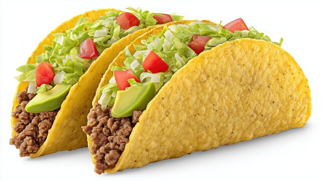 Soft Tacos with Ground Beef, Tomato, and Avocado on White Background, for Fast Food Advertising and Menu Design