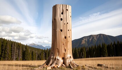 Tall, hollowed-out tree stump in a meadow