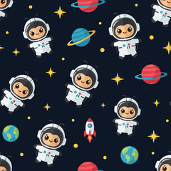 Cute cartoon astronauts planets stars and rocket in a vibrant space adventure pattern