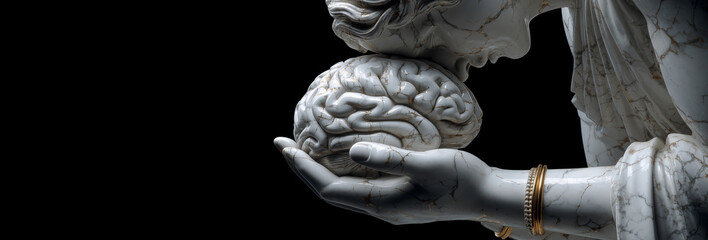 Closeup of a hand of a classical statue holding a marble human brain with golden veins. Isolated on black background with copy space. Blank wide banner for mental health, creative ideas. Generative Ai