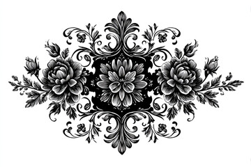 Ornate floral decorative element displaying blooming flowers and swirling botanical motifs creating a classic, elegant, and intricate design in monochrome