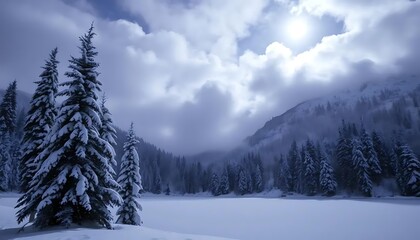 Winter landscape snow trees forest mountains clouds sky cold scenic nature outdoors