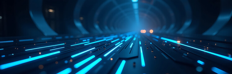 sleek futuristic digital realm glowing blue circuitry lines slicing darkened space illuminated soft pulsing