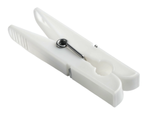 A single, white plastic clothespin with a spring-loaded metal clip, shown against a black background.  Its design features slightly curved arms and textured grips