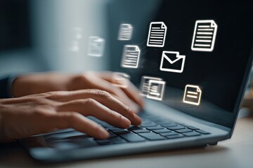 Hands typing on a laptop with document and email icons overlayed