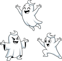 Three playful cartoon ghost characters with expressive faces and dynamic poses, fun Halloween illustration for children, spooky yet friendly vector design