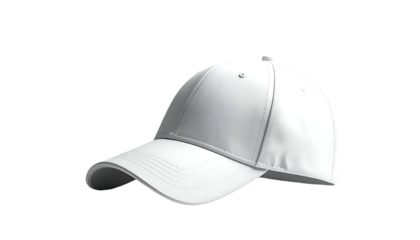A plain white baseball cap, slightly angled, showcasing its structured crown and curved brim.  Clean, simple design, ideal for customization
