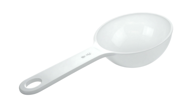 A white plastic scoop with a gently curved bowl and a comfortable handle, designed for measuring or serving small amounts of a substance