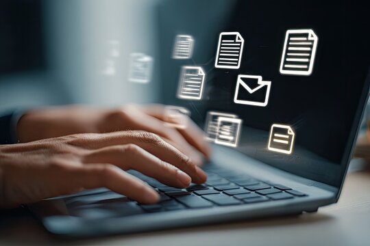 Hands typing on a laptop with document and email icons overlayed