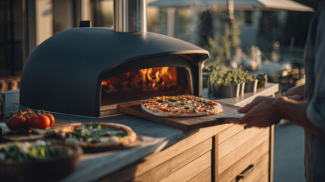 Person pulls a steaming wood-fired pizza from an outdoor stone oven at dusk, highlighting homemade cooking, backyard entertaining and al fresco summer dining with friends - Powered by Adobe