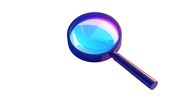A vibrant, stylized magnifying glass with a glowing, iridescent lens, angled slightly to the right, on a transparent background.  The handle is dark, contrasting the bright lens