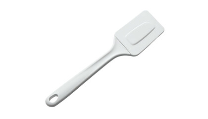 White plastic spatula with a rounded handle and a rectangular, slightly curved blade; ideal for scraping and spreading