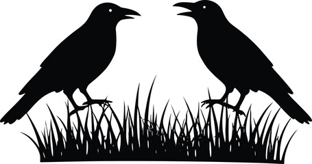 Two black crow silhouettes standing on grass illustration, gothic spooky bird artwork symbolizing mystery, darkness, communication, and eerie night atmosphere