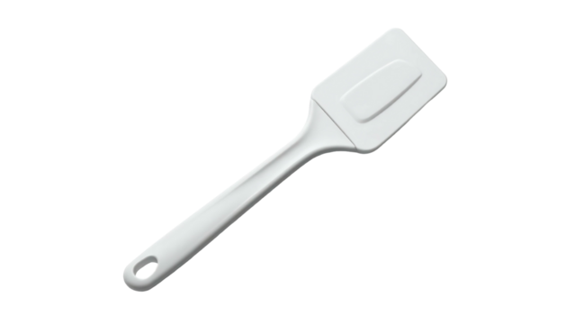 White plastic spatula with a rounded handle and a rectangular, slightly curved blade; ideal for scraping and spreading