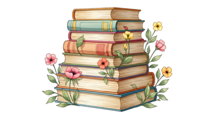 Stack of Books with Flowers and Leaves literature reading isolated on a transparent background