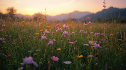 Naklejka premium A vibrant meadow bursts with a profusion of wildflowers, bathed in the soft light of a golden sunset, creating a peaceful and serene scene against a backdrop of rolling hills.