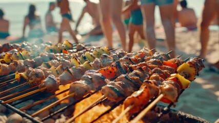 Sizzling skewers of food on a beach grill, perfect for outdoor gatherings or summer parties
