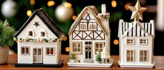 Miniature ceramic houses decorated for the holiday season, showcasing cheerful designs and festive spirit, set against a backdrop of warm holiday lights
