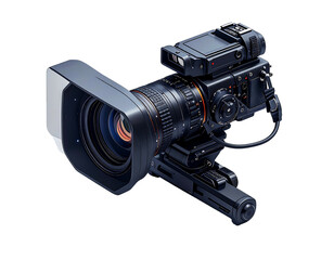 A professional-grade video camera with a large lens, matte black body, and various attachments, suggesting high-quality filmmaking equipment