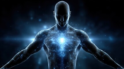 Mystical glowing human silhouette with radiant heart and digital particles on dark background. Symbol of spirituality, harmony, meditation, inner energy, and balance of mind and body