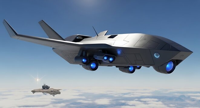 Futuristic unmanned combat air vehicle over floating island landscape