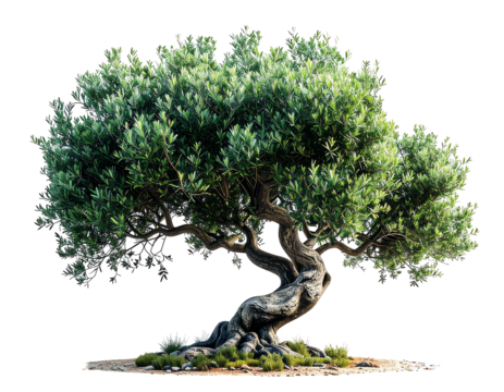 A lush, ancient olive tree with a gnarled, twisting trunk and wide, spreading branches, set against a black background.  The tree's leaves are vibrant green, suggesting health and longevity