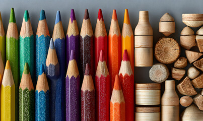 Colored pencils collection arranged in groups and fan shapes, bright rainbow tones and natural wooden variants shown together, isolated presentation with creative stationery set concept
