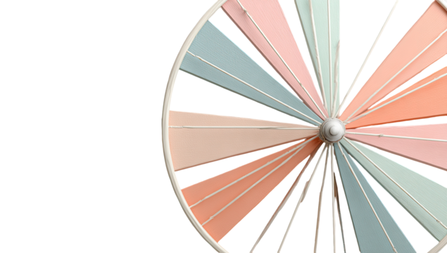 Close-up of a decorative windmill.  Pastel-colored, triangular blades radiate from a white hub.  Against black background