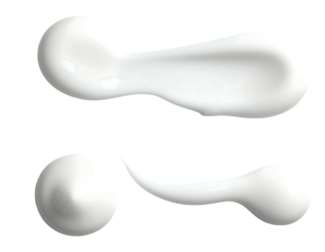 Three blobs of thick, white, glossy substance, irregularly shaped, with smooth, rounded edges and subtle highlights, demonstrating texture and viscosity