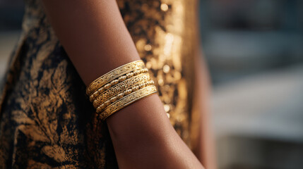 Elegant woman wearing ornate gold bangles on wrist, adorned with intricate designs, standing against a blurred background, showcasing beauty and richness of traditional attire.