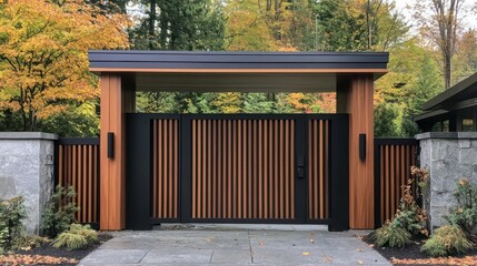 Modern wooden entrance gate with vertical slats, black steel accents, and natural textures