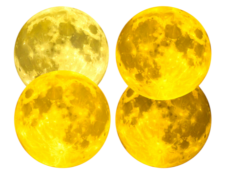 Four vibrant, golden-hued full moons arranged in a 2x2 grid against a black background, subtly overlapping.  Each moon displays detailed surface texture and variations in shade
