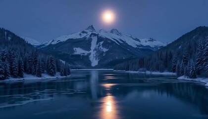 Winter moon lake snowy mountains landscape nature scenic dusk evening night tranquil