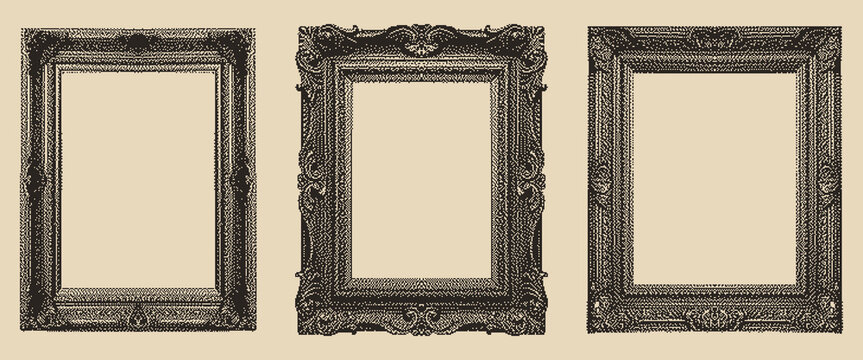 Three antique pixel art frames with ornate baroque details. Dithered monochrome texture creates a vintage engraving look for retro design assets.